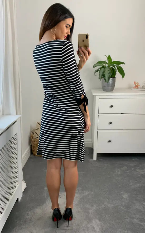 Brenda Tie Sleeve Striped Long Sleeve Dress Colour Black And White