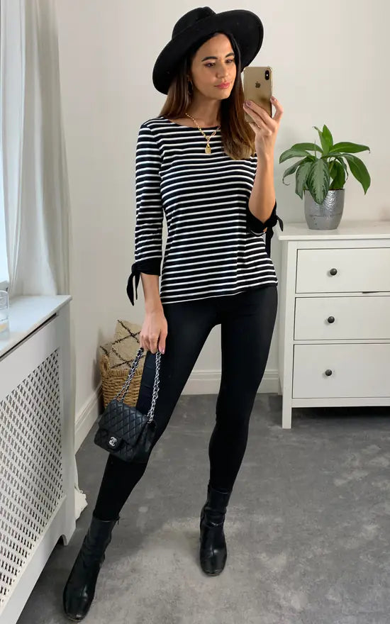 Brenda Tie Sleeve Striped Long Sleeve Top Colour Black And White