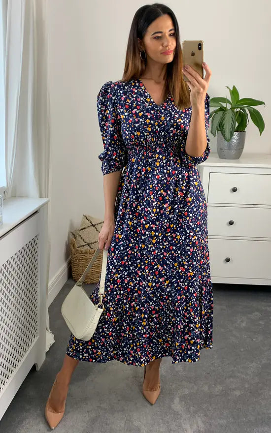 Heart Shirred Waist Midi Dress Colour Multi