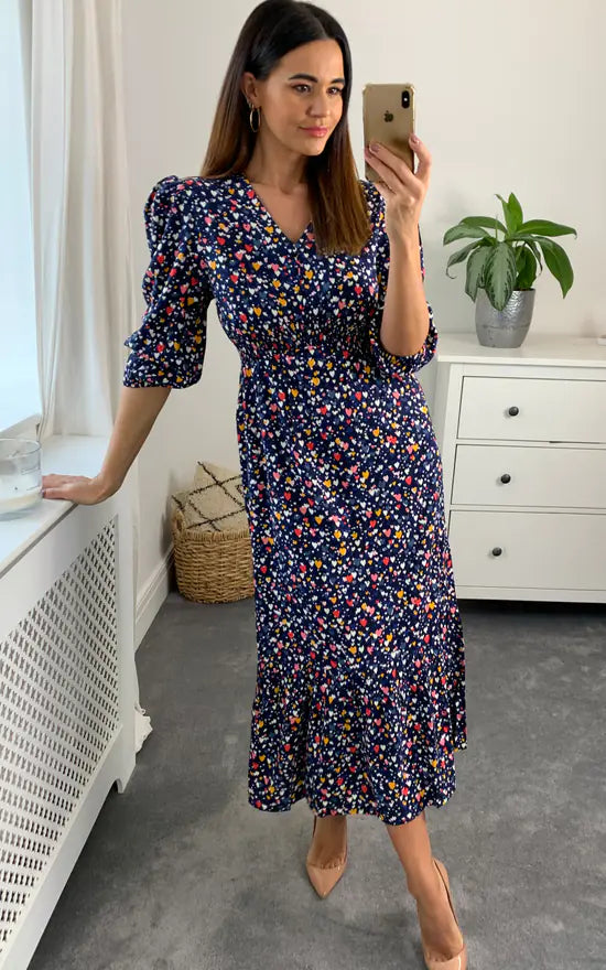 Heart Shirred Waist Midi Dress Colour Multi