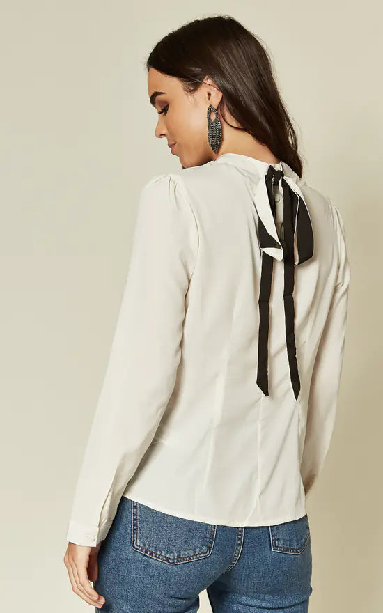 Ivory Blouse With Contrasting Tie Back Detail