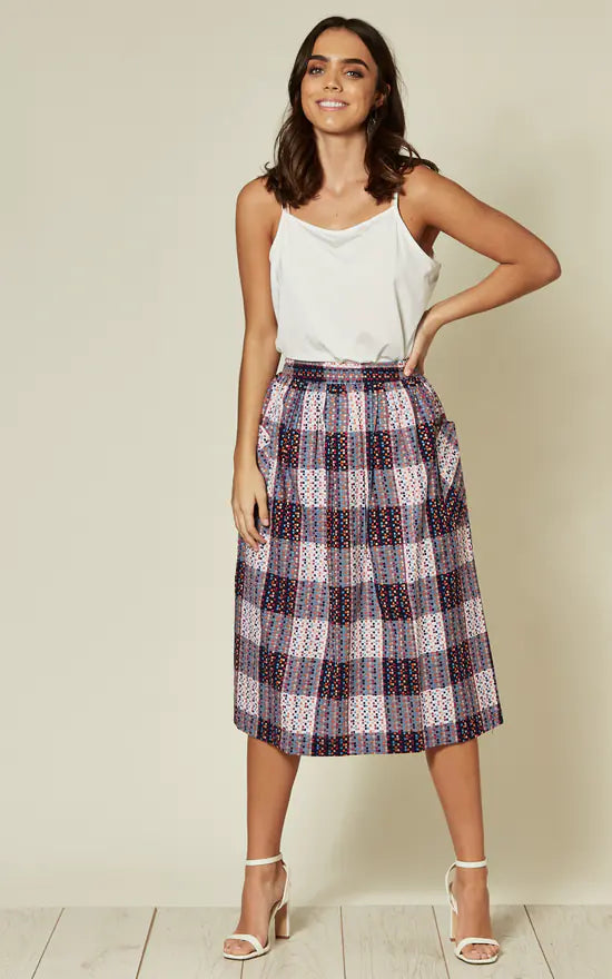 Mid Skirt In Multi Abstract Check Print