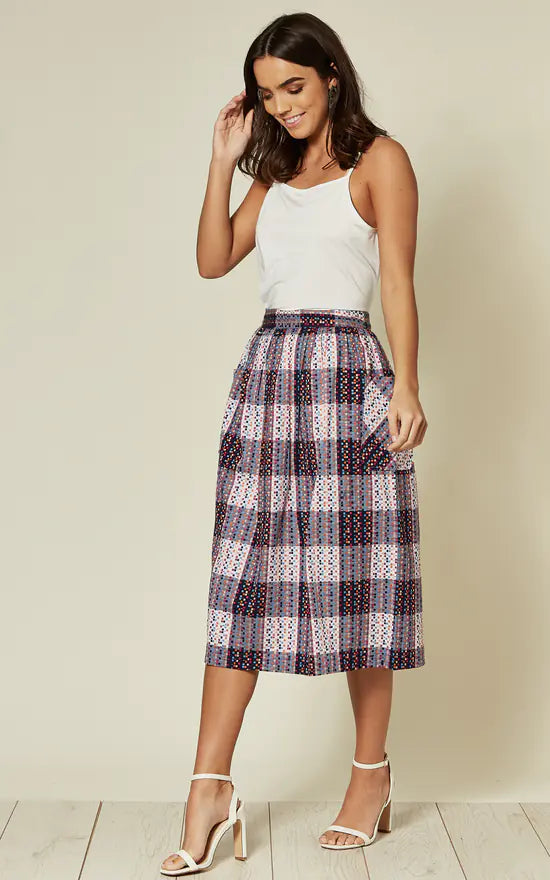 Mid Skirt In Multi Abstract Check Print