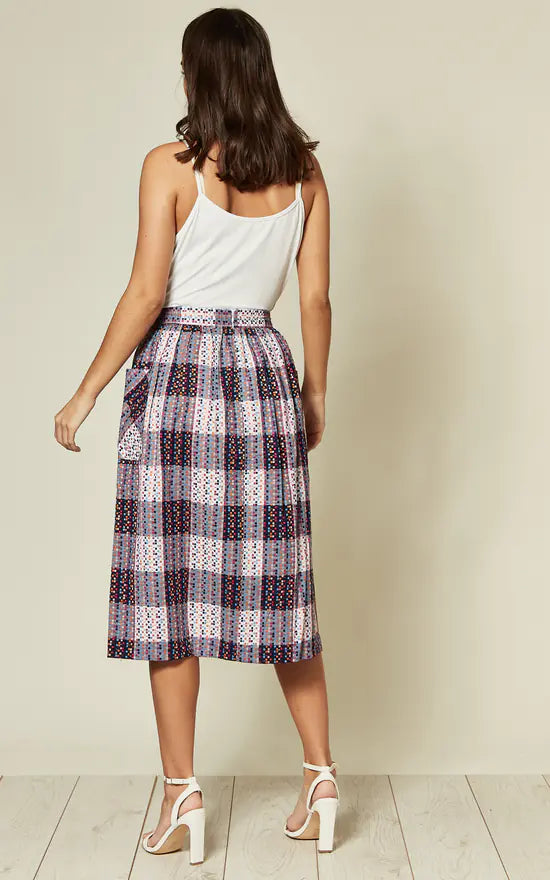 Mid Skirt In Multi Abstract Check Print
