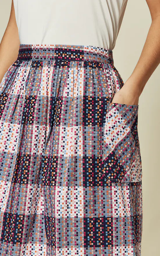 Mid Skirt In Multi Abstract Check Print