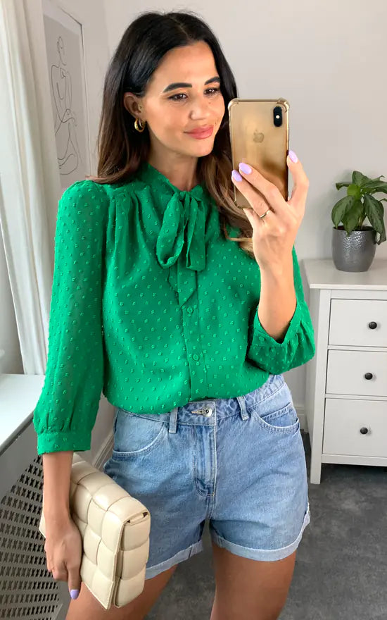 Pussybow Blouse Dobby Green