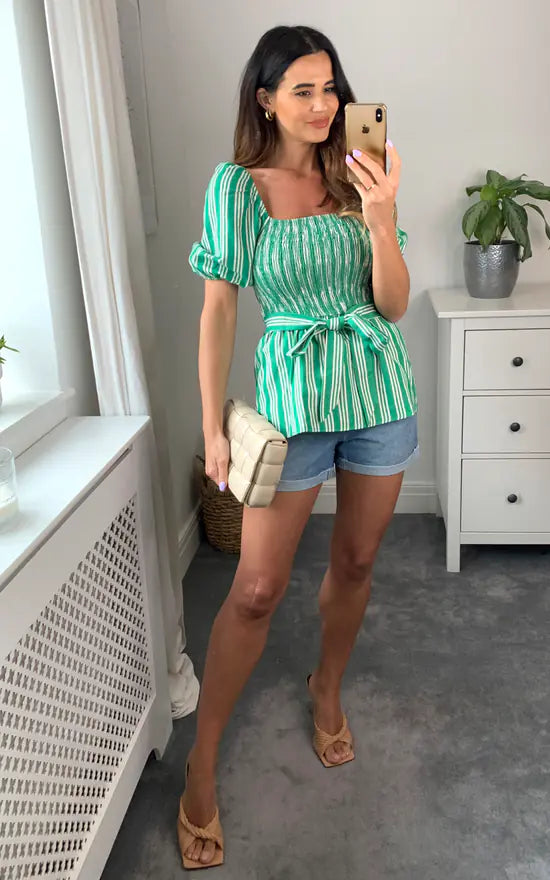 Shirred Blouse Green Stripe