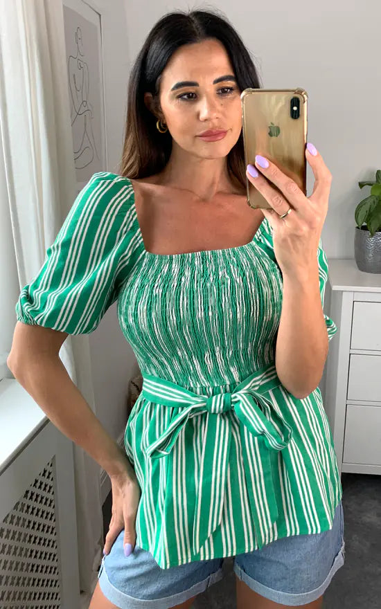 Shirred Blouse Green Stripe