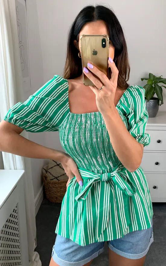 Shirred Blouse Green Stripe