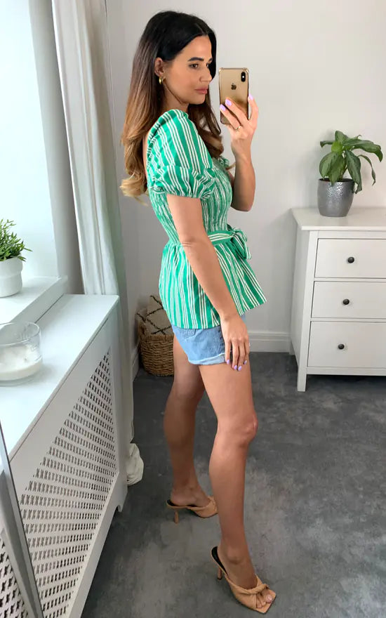 Shirred Blouse Green Stripe