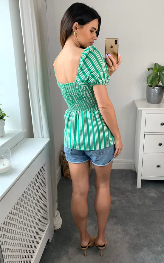Shirred Blouse Green Stripe