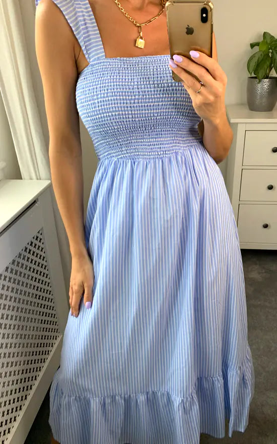 Shirred Blue Stripe Midi Dress