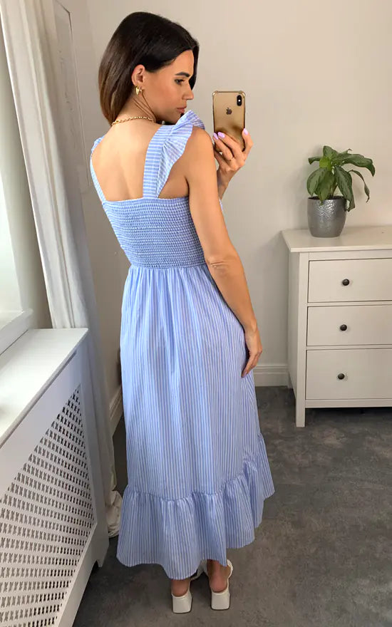 Shirred Blue Stripe Midi Dress