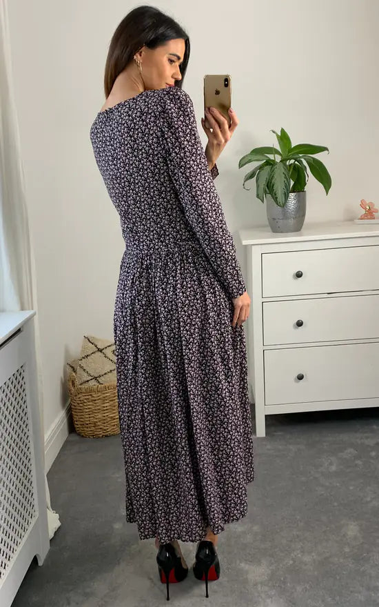 Shirred Waist Tiered Black And Pink Midi Dress