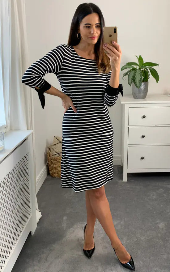 Brenda Tie Sleeve Striped Long Sleeve Dress Colour Black And White