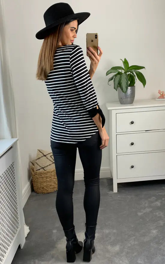 Brenda Tie Sleeve Striped Long Sleeve Top Colour Black And White