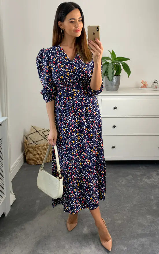Heart Shirred Waist Midi Dress Colour Multi
