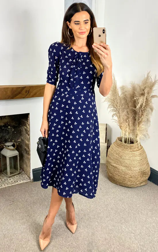 Louise Printed Button Down Dress With Neck Tie