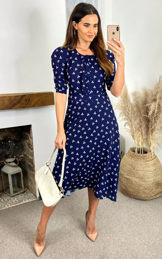 Louise Printed Button Down Dress With Neck Tie