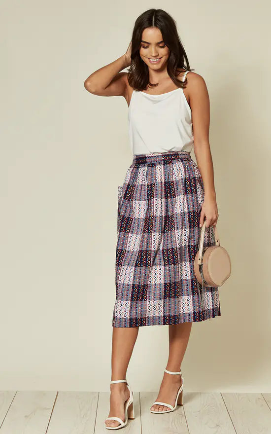 Mid Skirt In Multi Abstract Check Print