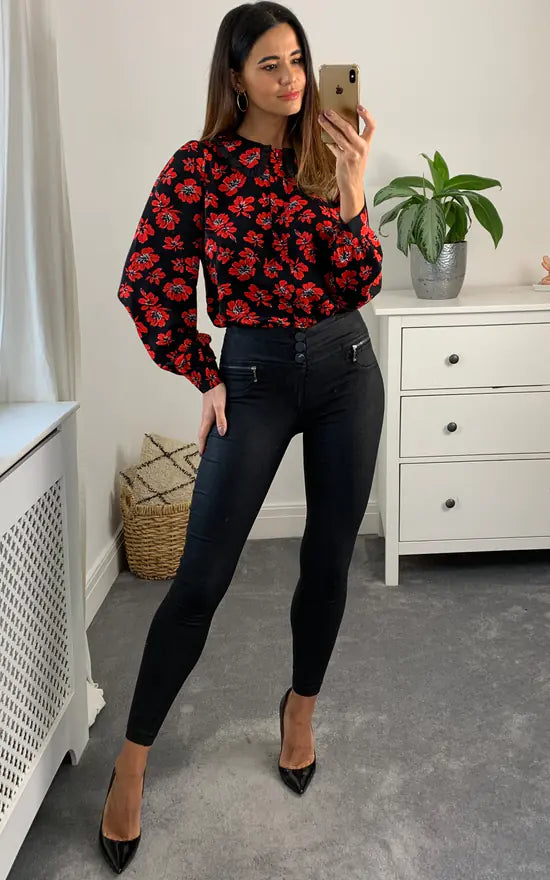 Millie Frill Collar Shirt Black And Red