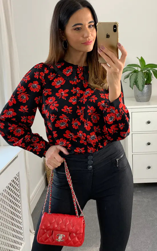 Millie Frill Collar Shirt Black And Red