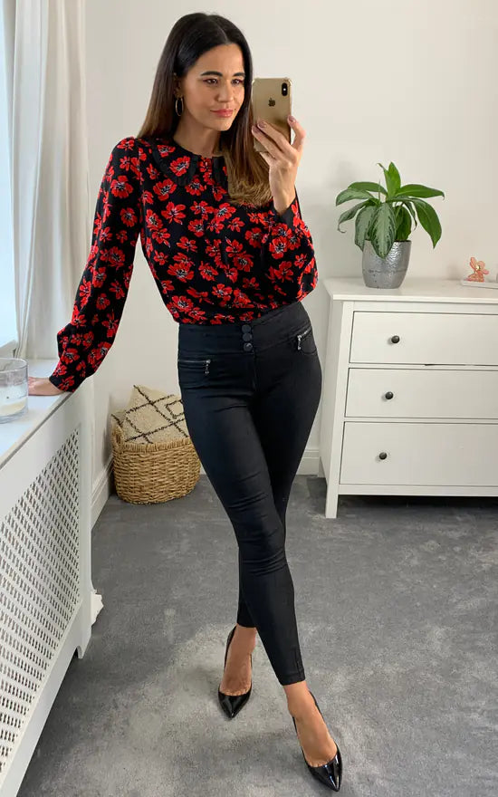 Millie Frill Collar Shirt Black And Red