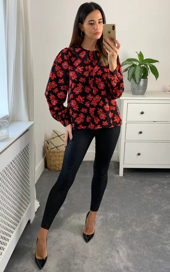 Millie Frill Collar Shirt Black And Red