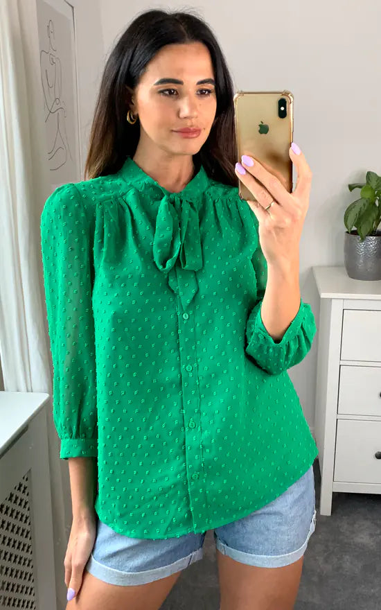 Pussybow Blouse Dobby Green