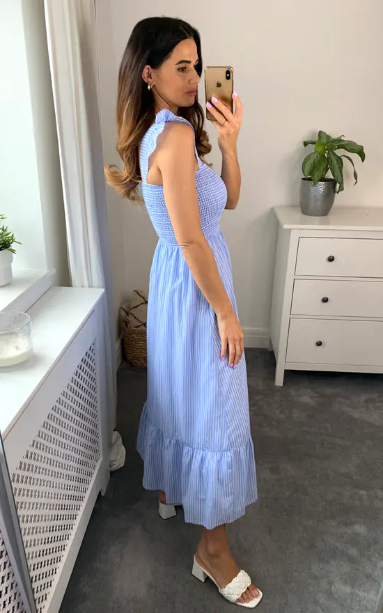 Shirred Blue Stripe Midi Dress