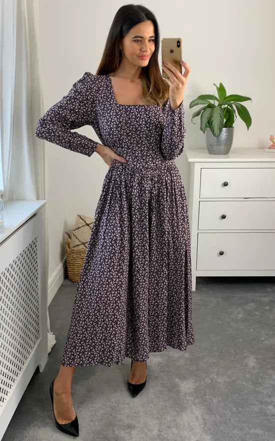 Shirred Waist Tiered Black And Pink Midi Dress