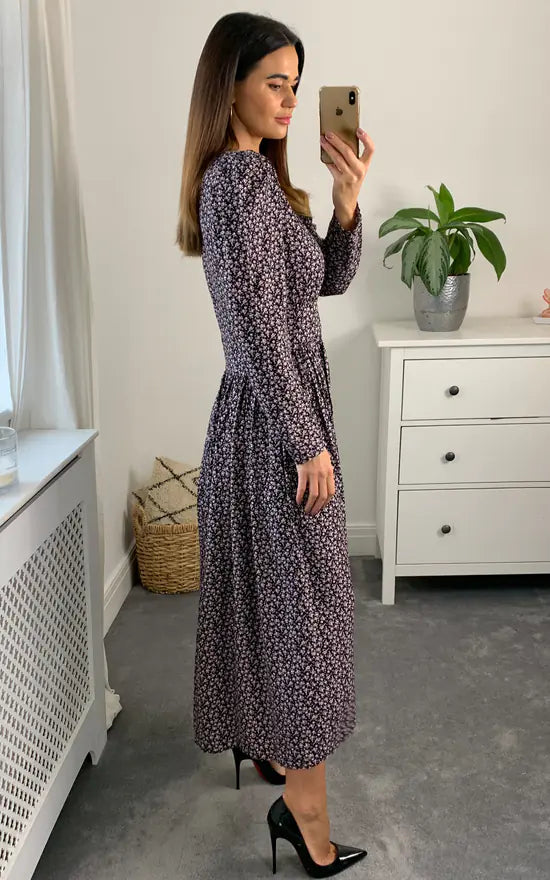 Shirred Waist Tiered Black And Pink Midi Dress