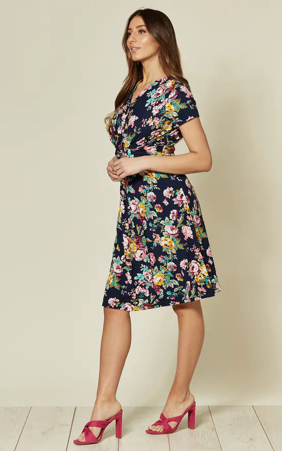 Short Sleeve Jersey Dress In Navy Floral Print