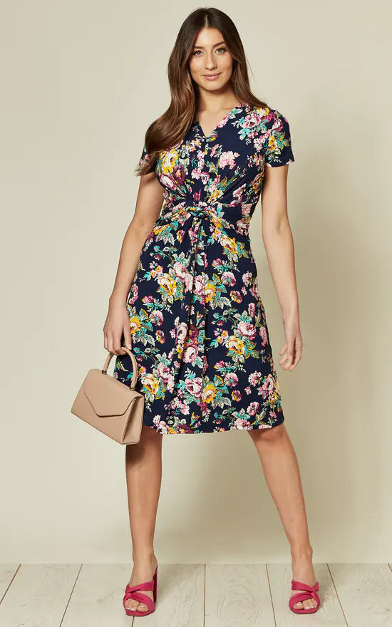 Short Sleeve Jersey Dress In Navy Floral Print
